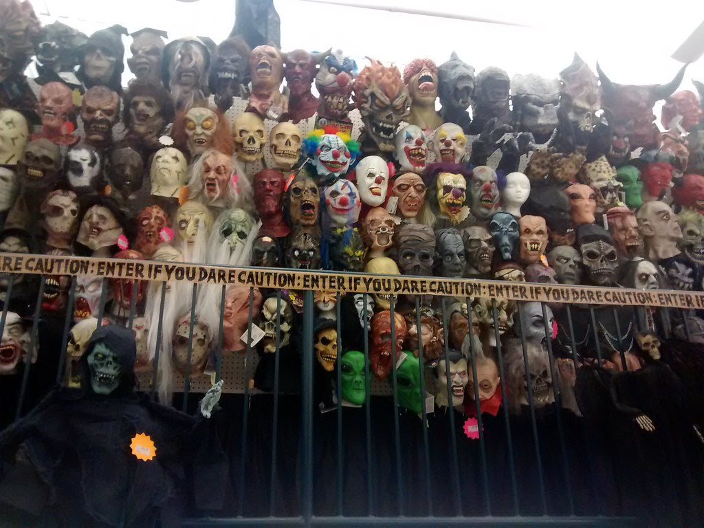 Shelves of Halloween masks